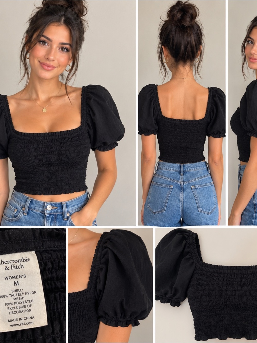 Abercrombie & Fitch Black Smocked Puff-Sleeve Crop Top